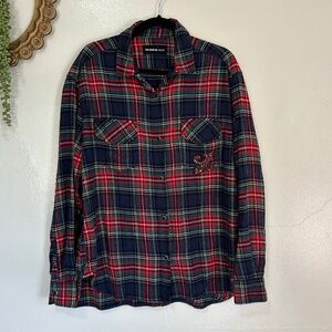 The Kooples Flannel Snap Front Shirt, Rhinestone Fleur de Lis Detail, Lg